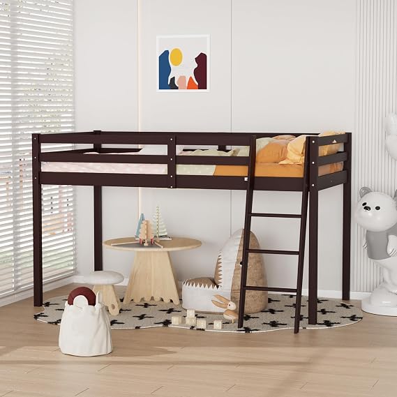Bonnlo Low Loft Bed Twin Size with Inclined Stairs, Junior Loft Bed with High Guard Rail for Kids/Young Teens/Adults, Solid Wood Low Bunk Bed Twin Size Espresso, No Box Spring Required