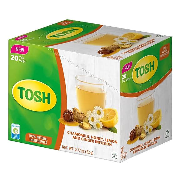 Tosh Chamomile, Honey, Lemon, and Ginger Herbal Tea 0.77 oz | Box of 20 tea bags | 100% Natural ingredients and SUGAR FREE (Pack of 1)