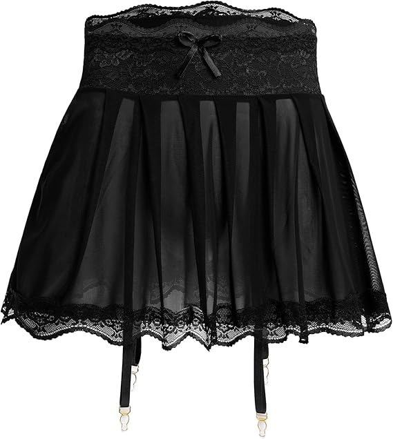 Men's Crossdress Lingerie Lace Sheer Tulle Mesh Mini Garter Skirt | Ruffle Lace Trim Mesh Skirt, Sheer See Through, Elastic Waist, 4 Adjustable Garters Belt, for Male Crossdressing Underwear