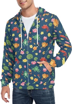 Mens Full Zip Hoodie Frogs on Lily Pads Long Sleeve Casual Sweatshirt with Pocket Jacket Outfit