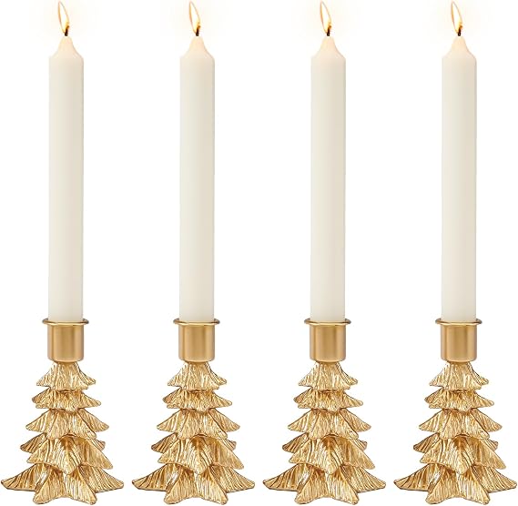 WDS WONDROUS Christmas Tree Candle Holders Set of 4 Taper Candle Holders | Christmas Decorations, Gold Resin Candlestick Holders with Table Top, Metal, Dining Table Centerpieces & Holiday Decor