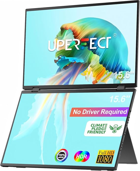 UPERFECT Delta 15.6" Dual Portable Monitor for Laptop Screen Extender 1080P HDR 360 Folding Stacked Triple Monitor with Stand for Laptop PC Phone Game Console (No Driver Needed)