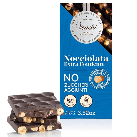 Venchi - NO Added Sugar Dark Hazelnut Bar, 3.52 oz - NO Artificial Sweeteners - With Whole Piedmont Hazelnuts - Gluten Free - Vegan