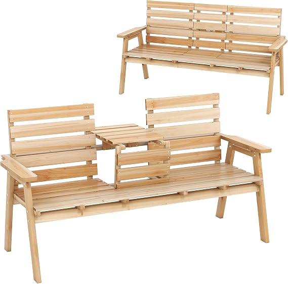 Tangkula Outdoor Fir Wood Bench with Foldable Middle Table, 2-3 Person Garden Bench with Backrest and Armrests, 710 lbs Weight Capacity, Slatted Seat Bench for Porch, Patio, Backyard
