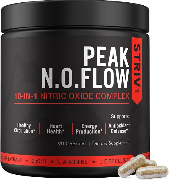 Peak Flow 10-in-1 Nitric Oxide Supplement for Men & Women | L Citrulline, L Arginine & CoQ10 - Healthy Circulation, Heart Health &