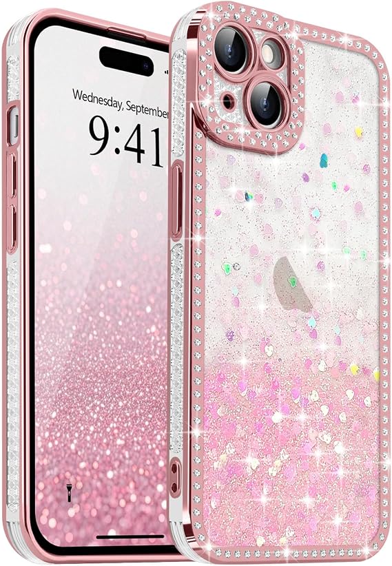 for iPhone 15 Plus/14 Plus Case Glitter Heart Camera Cover, Pink
