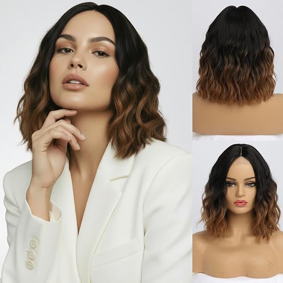 simkaylee Short Brown Middle Part Wigs for Women Shoulder Length Bob Curly Wavy Synthetic Black to Brown Wigs Natural Wavy Heat Resistant Hair for Daily Party Use