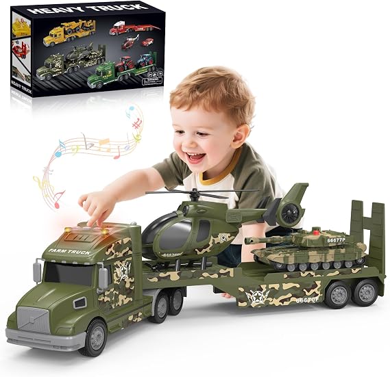 Toddler Toys for 3 4 5 6 Year Old Boys - 27" Large Semi Army Truck Toy with Tank and Helicopter, 3-in-1 Friction Powered Transport Vehicle with Lights Sounds, Christmas Birthday Gifts for Boys