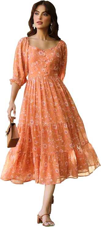 Janasya Women's Georgette Orange Floral Print Casual Wear Summer Dress for Women