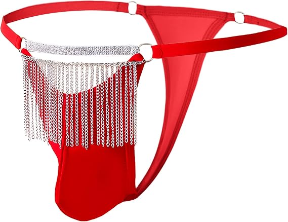 Panegy Mens Metal Tassels Thongs Sexy Shiny Strap G-Strings Low Waist Thong Panties