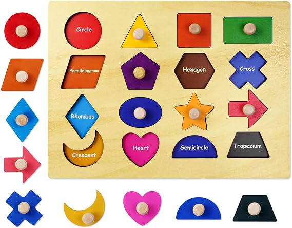 Wooden Shape Peg Puzzles, Peg Puzzle, Wooden Pegboard Puzzles with Knob