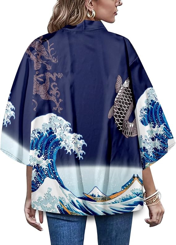 Women's Loose fit Japanese Koi Fish Print Kimono Cover up Casual Tops