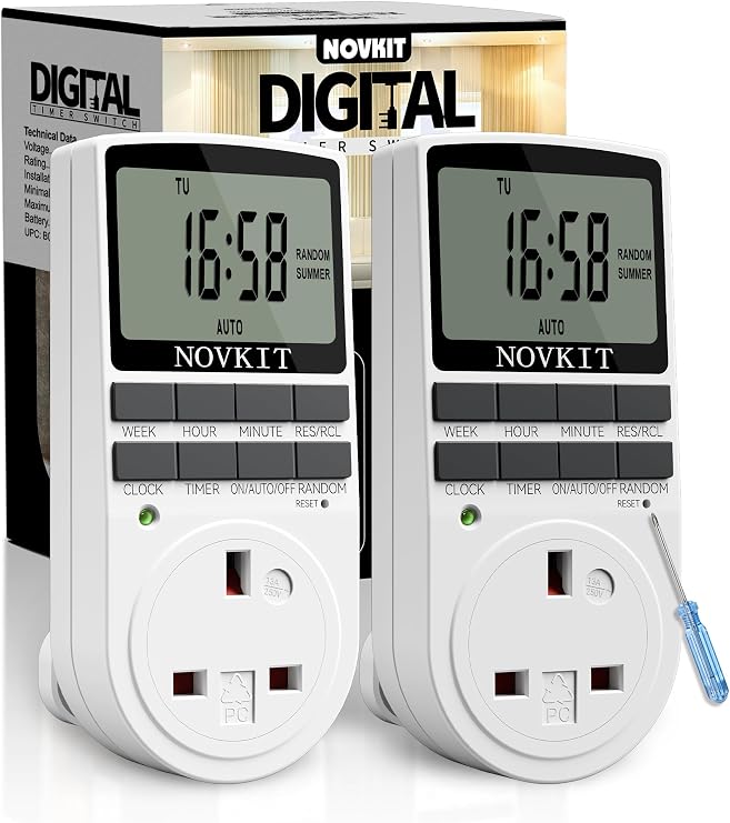 2 x NOVKIT Digital Security Timer Plug Socket Programmable Switch Timer with 10 ON-Off Programs and Random Mode for Home and Indoor (230V, 13A, 2900W)