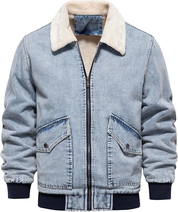 Men's Sherpa-Lined Jean Jacket Long Sleeve Zip Up Denim Jacket Classic Casual Relaxed Fit Coat for Men