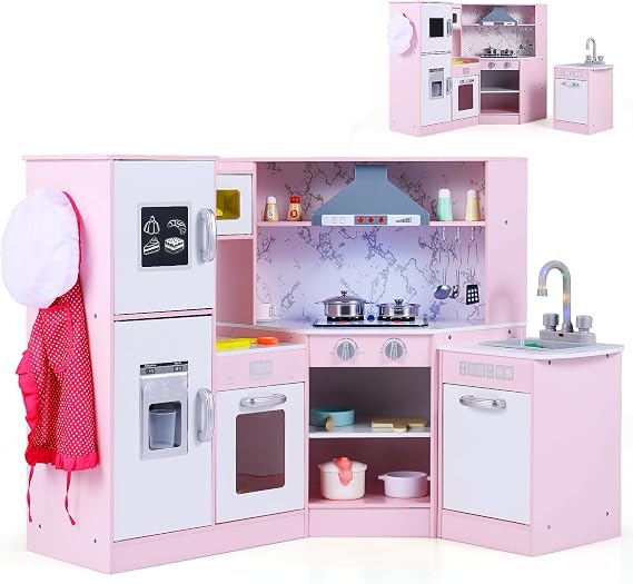 HONEY JOY Corner Kids Kitchen Playset, Modular Wooden Play Kitchen for Toddlers, Range Hood, Separated Washing Basin, Little Chef Pretend Toy Kitchen Set w/Lights and Sounds(Pink)