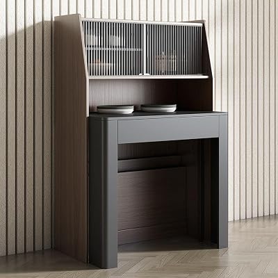 homary Modern Extendable Dining Table with Storage, Farmhouse Kitchen Table Rectangle Sideboard Glass Door
