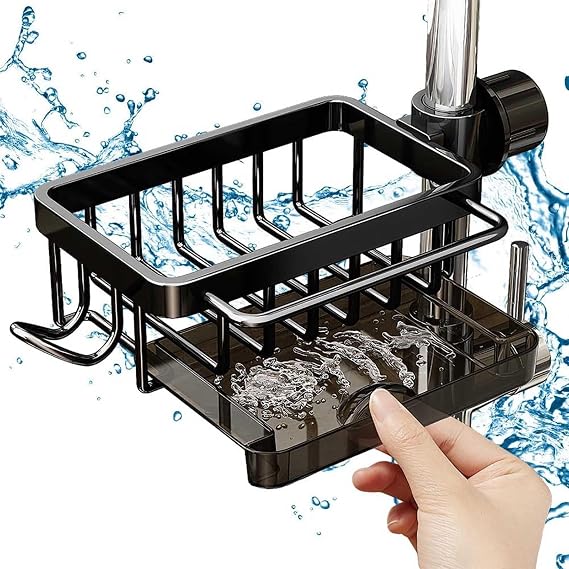 Kitchen Sink Faucet Organizer, 2024 New Kitchen Sink Caddy Organizer, Dish Sponge Holder Over Faucet, Multifunction Organizer Rack for 0.7-1.1inch Round Water Pipe (Balck, Left)