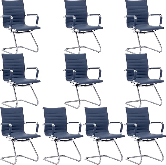 Wahson Office Guest Chairs Set of 10, Leather Reception Chairs, Mid Back Waiting Room Chair, Conference Chairs with Sled Base, Desk Chair No Wheels for MeetingLobbyRestroom, Navy Blue
