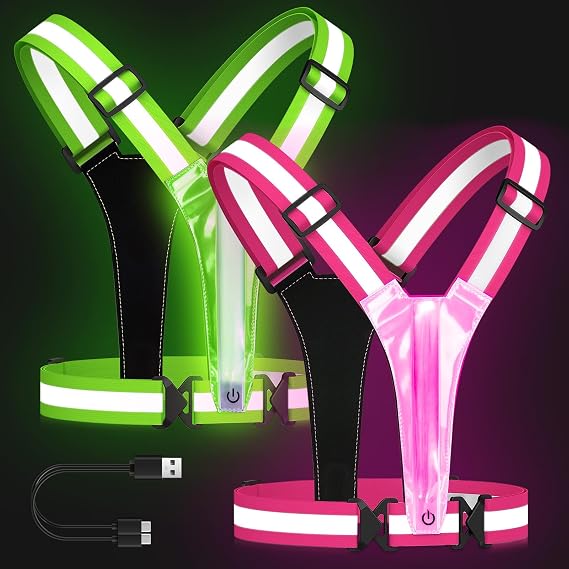 Zacro LED Reflective Vest Running Gear 2 Pack, 5 Lights Colors High Visibility Reflective Running Gear Rechargeable Light Up Running Vest for Walking Running Cycling, Adjustable for Men Women Kids