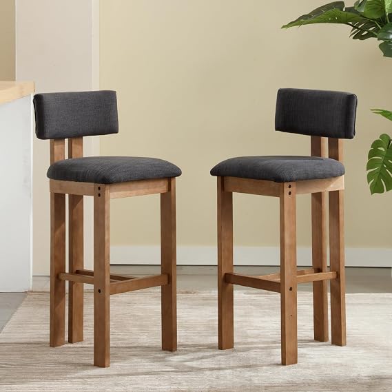 Farmhouse Bar Stools Set of 2 for Kitchen Island, 30 inches Bar Height Stool Chairs for Breakfast, Tall Upholstered Barstools with Comfy Backrest for Patio, Charcoal