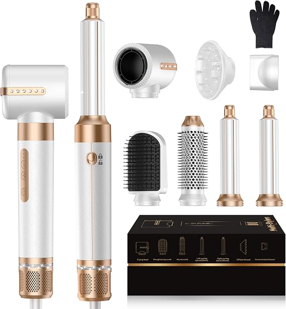 Blow Dryer Brush 7 in ONE,Autowrap Curling Wand, 110,000 RPM High-Speed Negative Ionic Hair Dryer with Diffuser Concentrator, Round Brush Blow Dryer Air Styler, Volumizing Hair Styling Tools