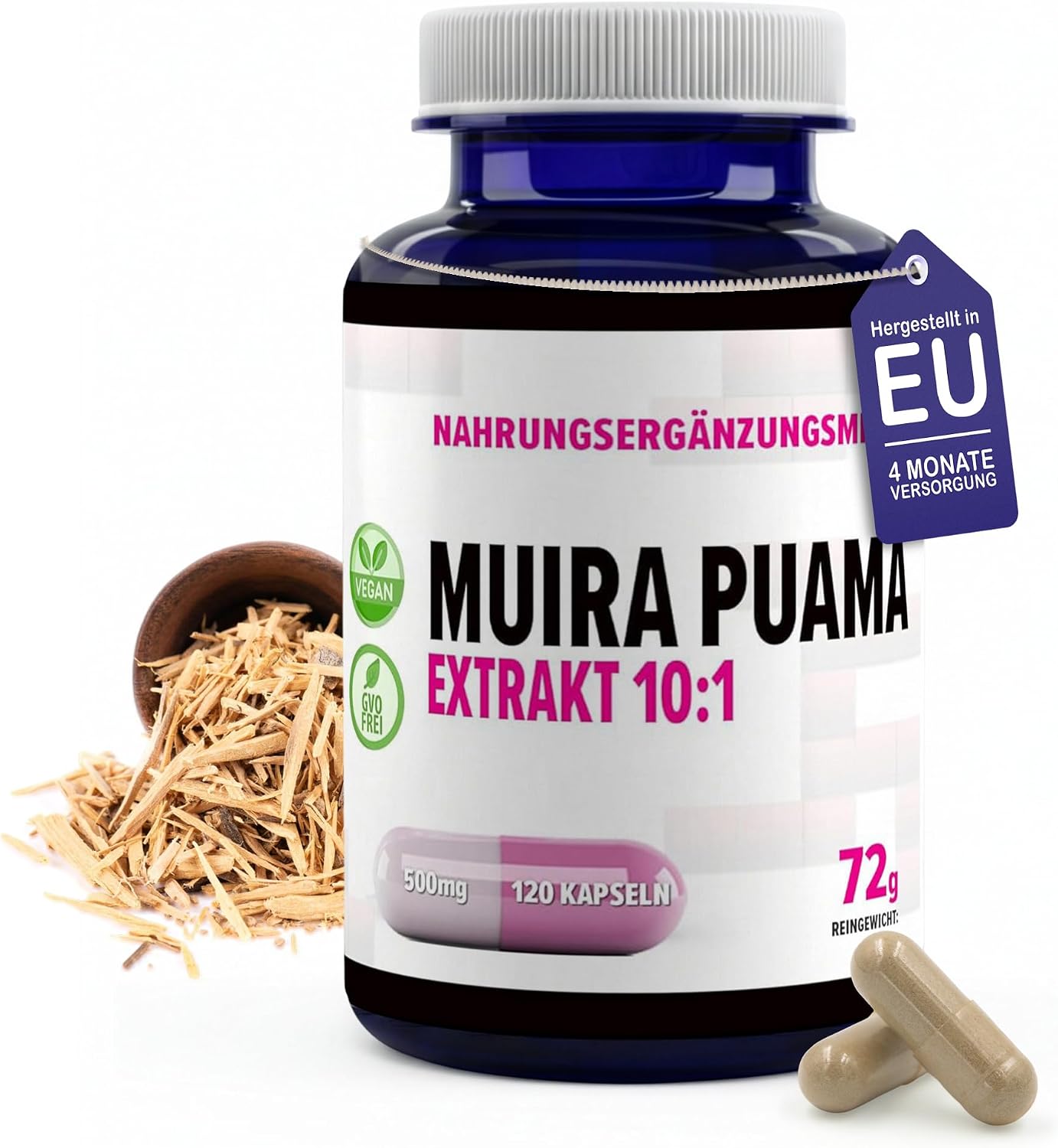 Muira Puama (Potenzholz) 5000mg Äquivalent (500mg von 10:1 Extrakt) 120 Vegane Kapseln Laborgeprüft Hochdosiert Nicht GVO keine Füllstoffe oder Zusatzstoff