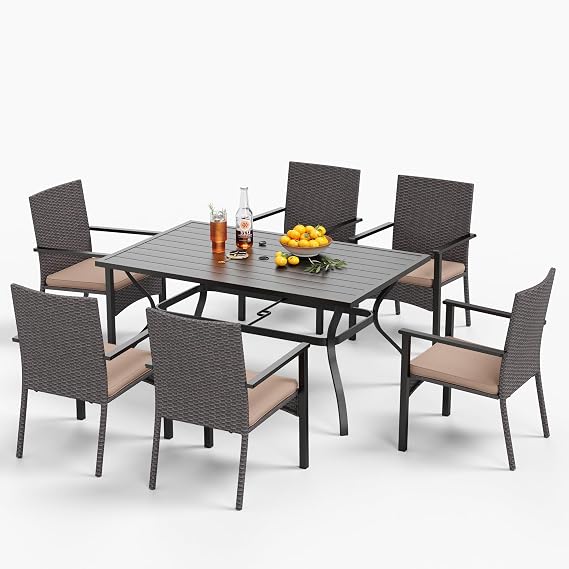 MFSTUDIO 7 Piece Patio Dining Set Including 6 Rattan Chairs with Cushions
