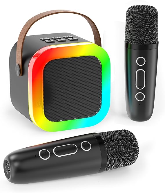 Mini Karaoke Machine for Kids Adults, Portable Bluetooth Speaker with 2 Wireless Microphones,Toys Birthday Gifts for Girls Ages 4, 5, 6, 7, 8,9,10+ Family Home Party (Black)
