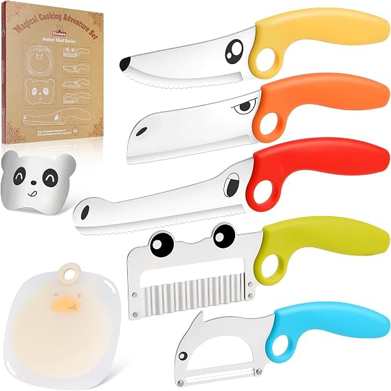 Kids Kitchen Knife Set with Magic Book Gift Box & Educational Ring, 7-Piece Animal Cooking Tools, Safe Stainless Steel Knives, Finger Guard & Cutting Board, Montessori Cooking Set for Kids