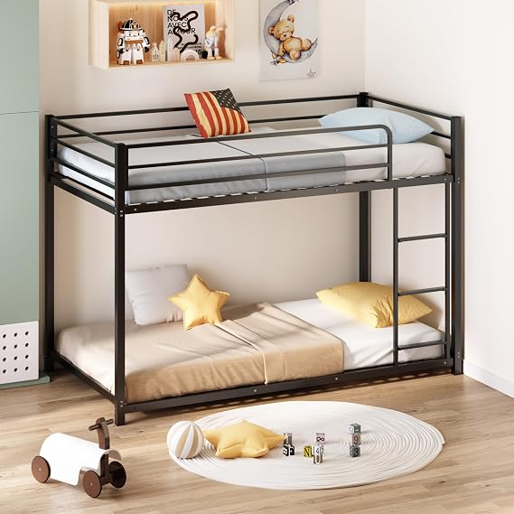 JOYMOR Bunk Bed Twin Over Twin, Metal Twin Size Bed Frame with Safety Guardraild for Boys Girls, Junior, Low Profile Space Saving Design, Mattress Not Included (Black, Twin Over Twin)