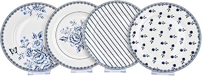 Vintage Blue Bone China Dessert Plate Set of 4 7.5 Floral Country Round Piece Microwave Safe