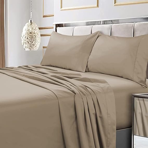 Tribeca Living Bed Sheet Set, Soft Egyptian Cotton Sateen Solid Sheets and Pillowcase Set, Extra Deep Pocket, 600 Thread Count, 4-Piece Luxury Bedding, Queen, Clay