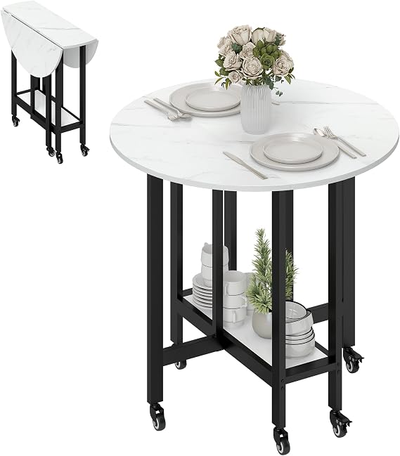 HOMCOM Folding Dining Table 28.5-80cm Rolling Drop Leaf Table White Marble