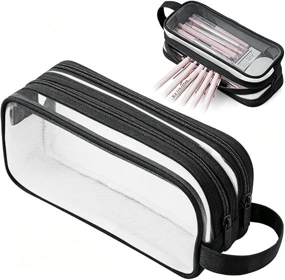Pencil Case, Large Capacity Clear Transparent Mesh Pencil Pouch with Zipper, Dual 2 Compartments Portable Multifunctional Stationery Makeup Bag for Exam School Office Boys Girls Students