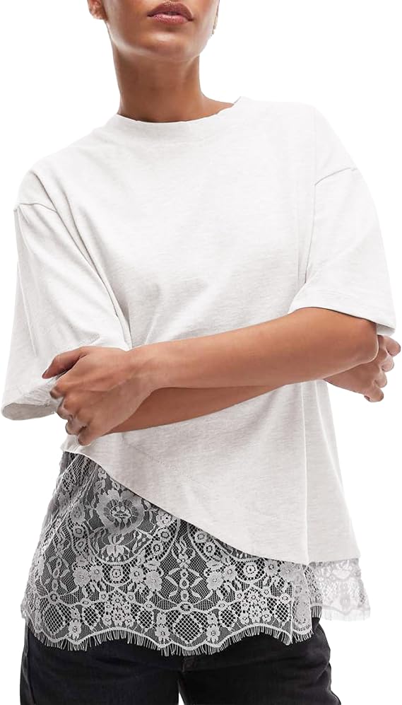 Womens Lace Patchwork Tops Casual Short Sleeve Cotton T Shirts