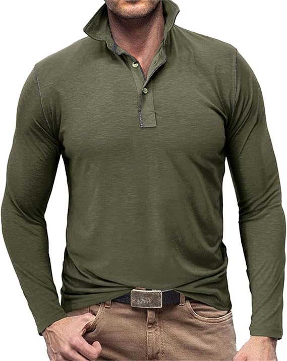 PICKLION Mens Polo Shirts Long Sleeve Fashion Button Lapel Collar Regular Fit Pullover T-Shirts