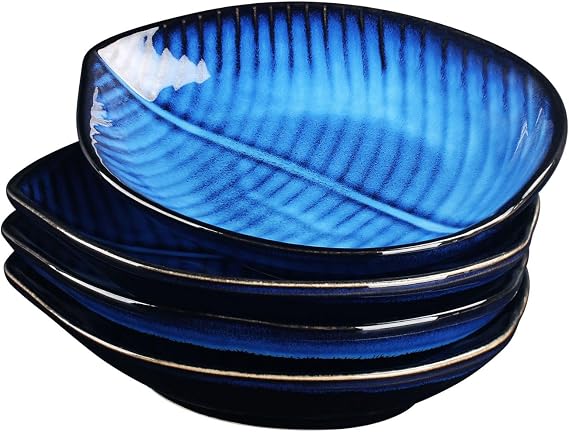Ceramic Dinner Plates - set of 4 banana leaf-shaped plates, a modern kitchen tabletop, fruit plate, salad plate, and dinner plate. (blue 8)