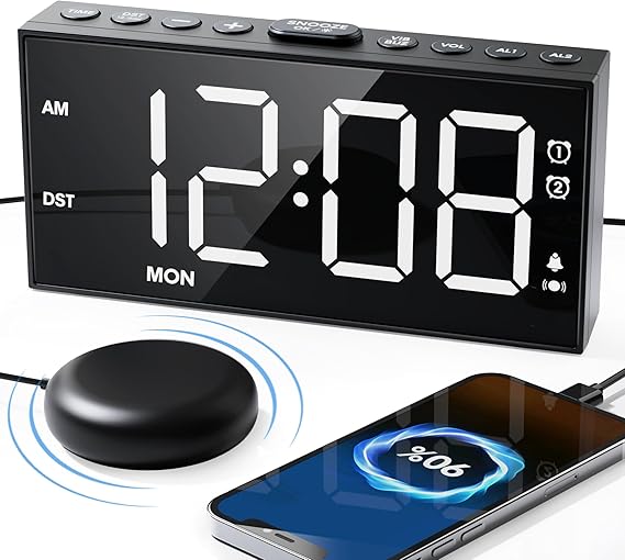 Loud Alarm Clock for Heavy Sleepers Vibrating Alarm Clock with 10000RPM Bed Shaker, 7.5" LED Display, Weekday/Weekend Mode, 5 Volume&dimmer, USB Charger, Dual Alarms for Kid Hearing Needs White
