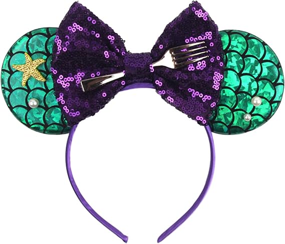 MADO Mermaid Mouse Ears Headband for Women Girls, Mermaid Headband Princess Accessories for Women Girls Kids Adult Mermaid park ears hair accessories (PEARLIZED MERMAID GREEN)