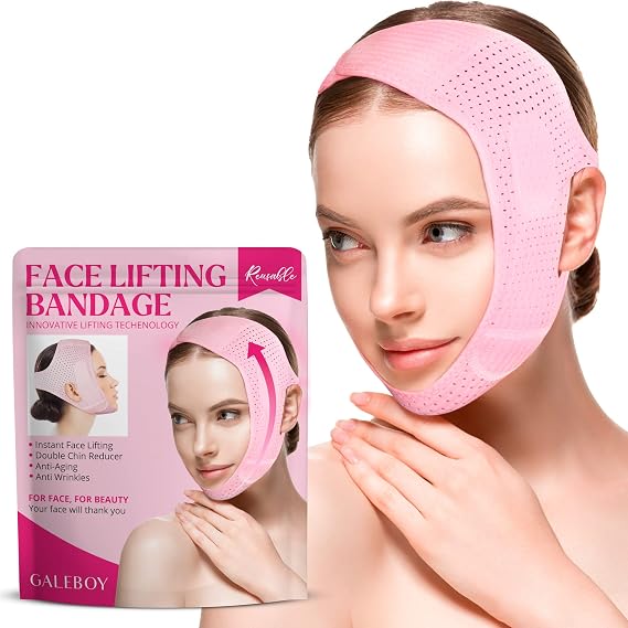 Reusable Double Chin Reducer- V Line Mask -Double Chin Remover-Facial Slimming Chin Strap-Chin Up Mask Face Lifting Belt V Shaped Slimming Face Mask, Pink