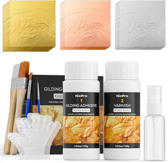 Nicpro Gold Leaf Gilding Adhesive Set, 100ml Water-Based Glue and Varnish