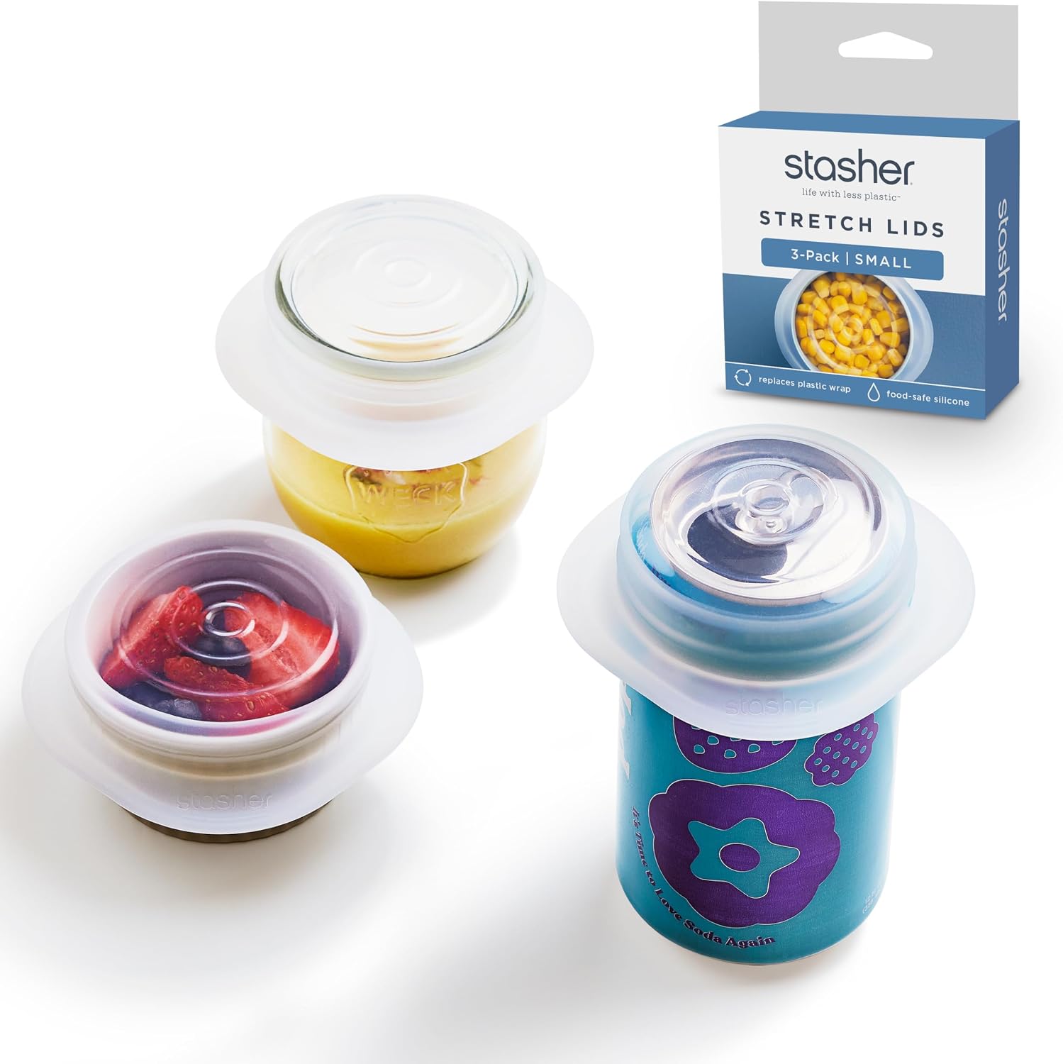 Stasher Premium Reusable Silicone Stretch Lids, 3-Pack - Small, Clear, 2.5” Lids, Airtight Seal, Food Container Covers, BPA Free, Leak-free, Dishwasher Safe, Microwave Safe, Eco-Friendly