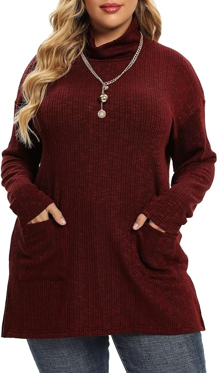 LARACE Plus Size Sweater for Women, Women's Pullover Turtleneck Long Sleeve Knit Sweater Shirts with Pockets for Fall Winter
