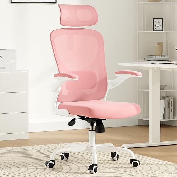 Ergonomic mesh Office Chair, high Back Office Chair with armrests, up and Down Adjustable Lumbar Support, Swivel Computer Office Chair with Adjustable headrest (Pink+ White)