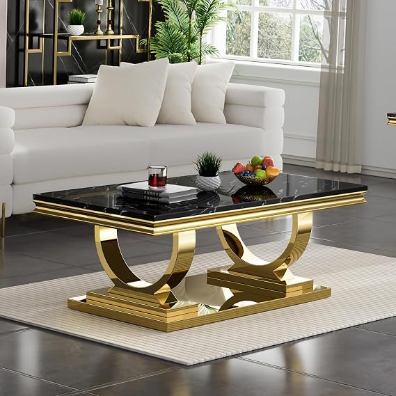Henf 47" Marble Coffee Table - Modern Black Faux Marble with Gold U-Shaped Pedestal Base - Luxury Accent Sofa Cocktail Table w/Mirrored Stainless Steel Frame for Living Room Apartment