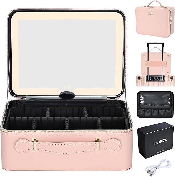 Large Makeup Case with LED Mirror Vanity Case Removable Light Up Mirror PU Leather Portable Makeup Artist Carry Vanity Box with Dividers Makeup Brush Holder, Pink