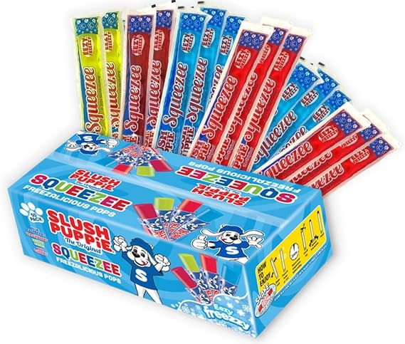 Slush Puppie Squeezee Ice Pops 50 x 60ml | Red Cherry, Lemon &Lime, Strawberry and Blue Raspberry Fruit Flavour Freezer Pops (Pack Of 1, 1, count)