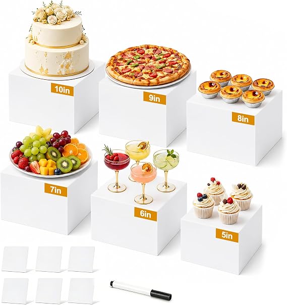 6 Pcs Buffet Risers, 5x6x7x8x9x10 Inch Acrylic Food Risers for Buffet Table, Dessert Stands for Cupcake, Display Stand Set for Party Catering Dessert Collectibles - Cube Boxes with Hollow Bottoms