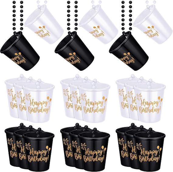 Sureio 24 Pack Shot Glass Necklaces Happy Birthday Necklace, Black, White
