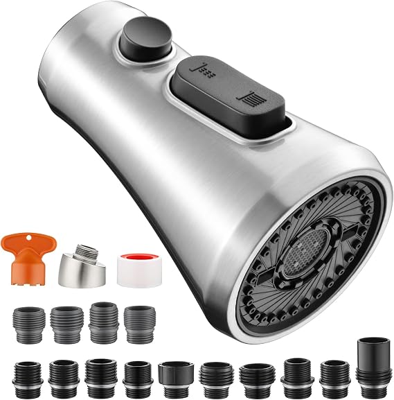 Kitchen Faucet Head Replacement, Pull Down Faucets Spray Head for Kitchen Sink, 3-Function Spray Nozzle, 15 Adapters Kit Compatible with American Standard, Brushed Nickel